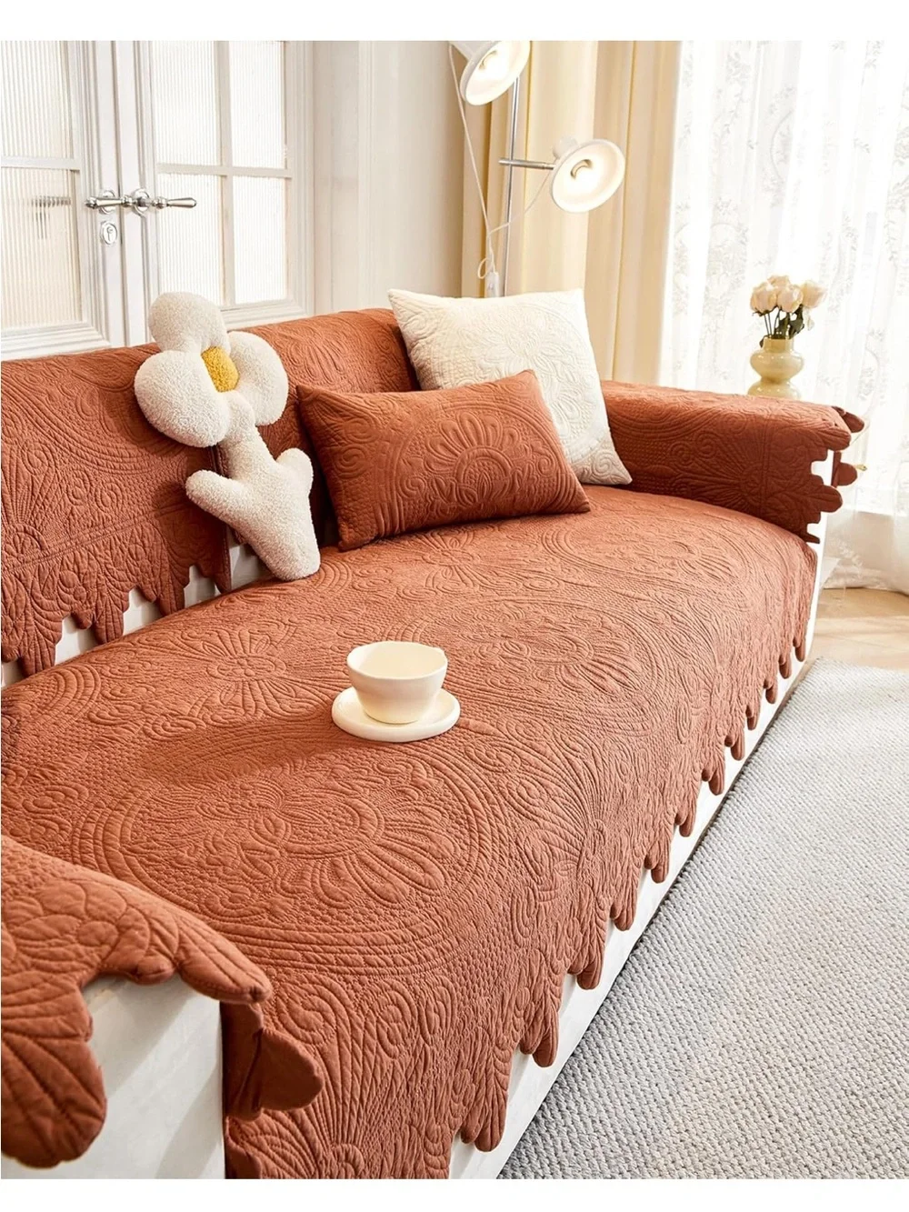 2 NWOT Luxury Vintage Cotton Embroidery Boho Orange Sofa Protector Cover Floral - Picture 2 of 10